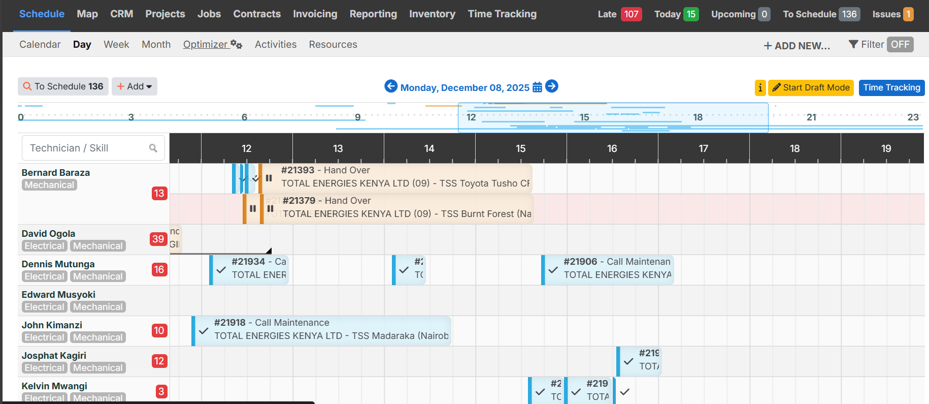 KasiFlow dispatch dashboard showing map with technician locations